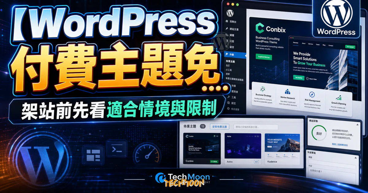 【WordPress 付費主題免費下載】Conbix - Business Consulting WordPress Theme的 TechMoon 精選圖片,呈現Wordpress相關介面、重點標題與科技感背景。