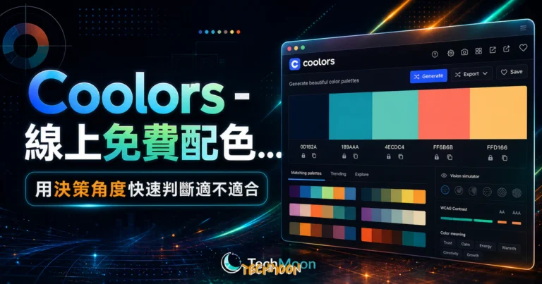 Coolors - 線上免費配色調色盤工具，快速產生多種富有美感與啟發靈感的配色網站的 TechMoon 精選圖片，呈現Coolors相關介面、重點標題與科技感背景。