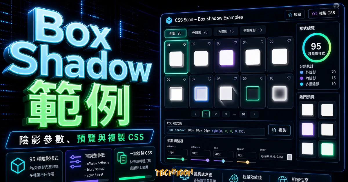CSS box-shadow examples by CSS Scan – 免費提供 95 種 Box-shadow CSS 陰影樣式，隨點擊複製使用 CSS 程式碼的 TechMoon 精選圖片，呈現Box Shadow 範例、主題介面與重點資訊。