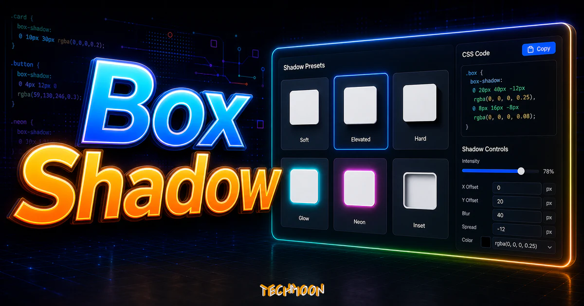 CSS box-shadow examples by CSS Scan - 免費提供 82 種 Box-shadow CSS 陰影樣式，隨點擊複製使用 CSS 程式碼的 TechMoon 精選圖片，呈現Box Shadow主題、相關介面與科技感背景。
