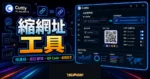 Cuttly 的 TechMoon 精選圖片，呈現長網址轉短連結、自訂網域、QR Code 與 UTM 追蹤設定流程。
