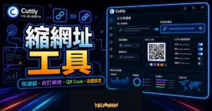 Cuttly 的 TechMoon 精選圖片，呈現長網址轉短連結、自訂網域、QR Code 與 UTM 追蹤設定流程。
