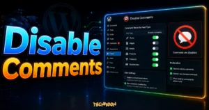Disable Comments - 允許管理者禁用任何文章類型留言評論的 WordPress 外掛的 TechMoon 精選圖片，呈現Disable Comments主題、相關介面與科技感背景。