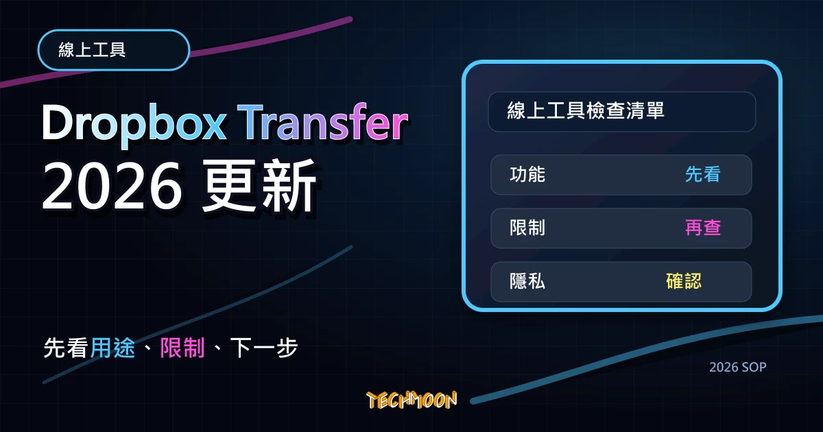 Dropbox Transfer - 上限 100 MB ~ 100 GB 線上檔案免費快傳，不限對象又安全的傳送大型檔案，TechMoon 2026 新版 SOP 精選圖片