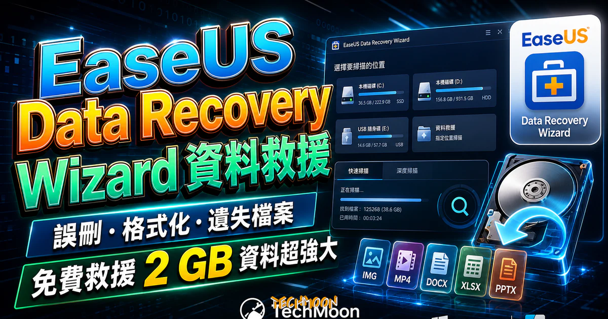 EaseUS Data Recovery Wizard - Win 10 最佳硬碟救援資料軟體,免費 2 GB 復原被誤刪的珍貴圖片檔案 9 EaseUS Data Recovery Wizard - Win 10 最佳硬碟救援資料軟體,免費 2 GB 復原被誤刪的珍貴圖片檔案的 TechMoon 精選圖片,呈現EaseUS Data相關介面、重點標題與科技感背景。