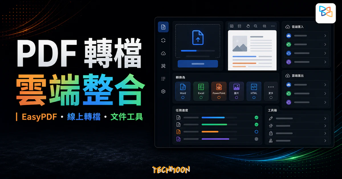 EasyPDF PDF 轉檔與雲端整合的 TechMoon 精選圖片，呈現線上轉檔、文件工具與雲端流程概念。