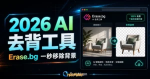 Erase.bg 免費線上快速去背工具，一秒 AI 自動去背 100% 免費下載原始解析度去背圖片的 TechMoon 精選圖片，呈現Erase.bg相關介面、重點標題與科技感背景。
