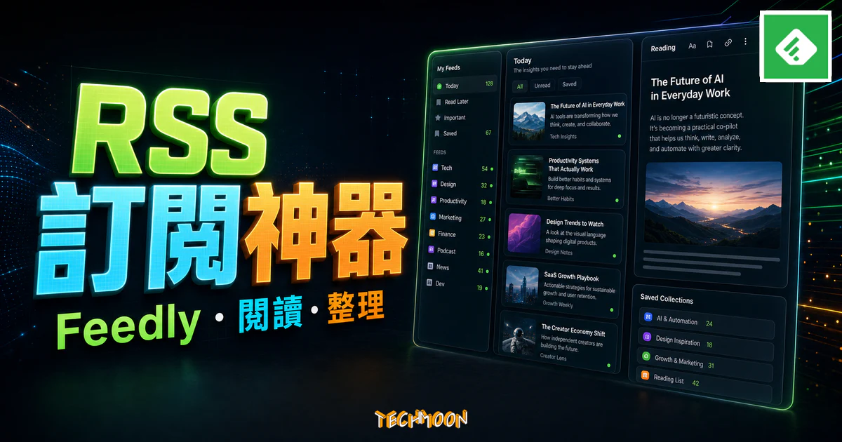 Feedly - 超好用的 RSS 免費訂閱服務完整攻略，讓你隨時接收訂閱網站的最新消息的 TechMoon 精選圖片，呈現Feedly相關介面、重點標題與科技感背景。
