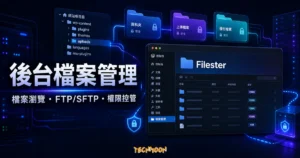 Filester 的 TechMoon 精選圖片，呈現 WordPress 後台檔案瀏覽、FTP/SFTP 替代流程與權限控管情境。