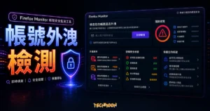 FireFox Monitor - 免費線上檢測帳號風險，看看你的資料是否被外洩的 TechMoon 精選圖片，呈現帳號外洩檢測主題、相關介面與科技感背景。