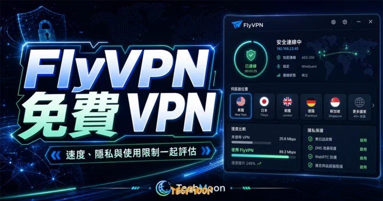 FlyVPN 教學:免費試用、隱私與連線排查 6 FlyVPN - 免費 VPN 翻牆工具軟體,提供超過 40+ 國家地區伺服器可支援多種跨平台系統使用的 TechMoon 精選圖片,呈現FlyVPN相關介面、重點標題與科技感背景。