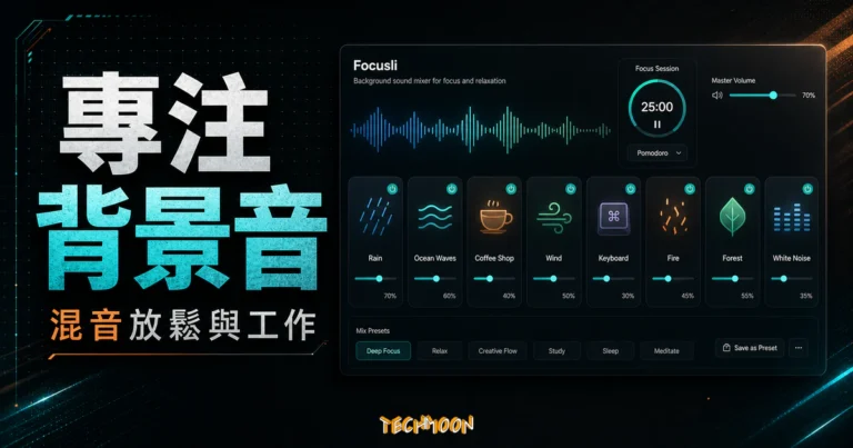 Focusli - 線上背景聲音幫助你集中精神與放鬆身心，可組合高達 8 種聲音與咖啡廳或大自然聲音的 TechMoon 精選圖片，呈現Focusli相關介面、重點標題與科技感背景。