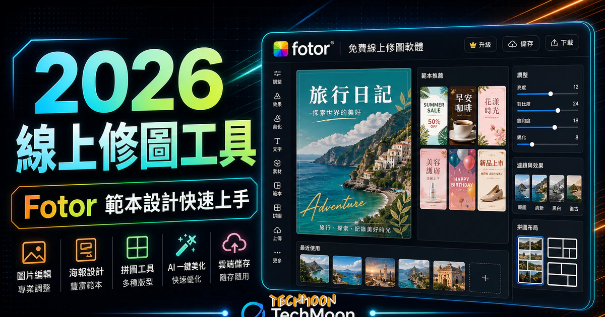 Fotor - 免費線上修圖軟體，海量範本模板可快速進行圖片編輯、海報設計與拼圖工具的 TechMoon 精選圖片，呈現Fotor相關介面、重點標題與科技感背景。