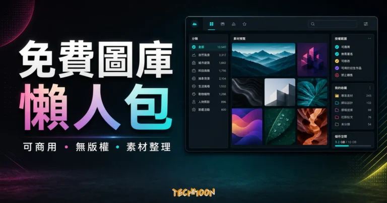 免費圖庫懶人包的 TechMoon 精選圖片，呈現可商用、無版權圖片素材整理與圖庫資源面板。