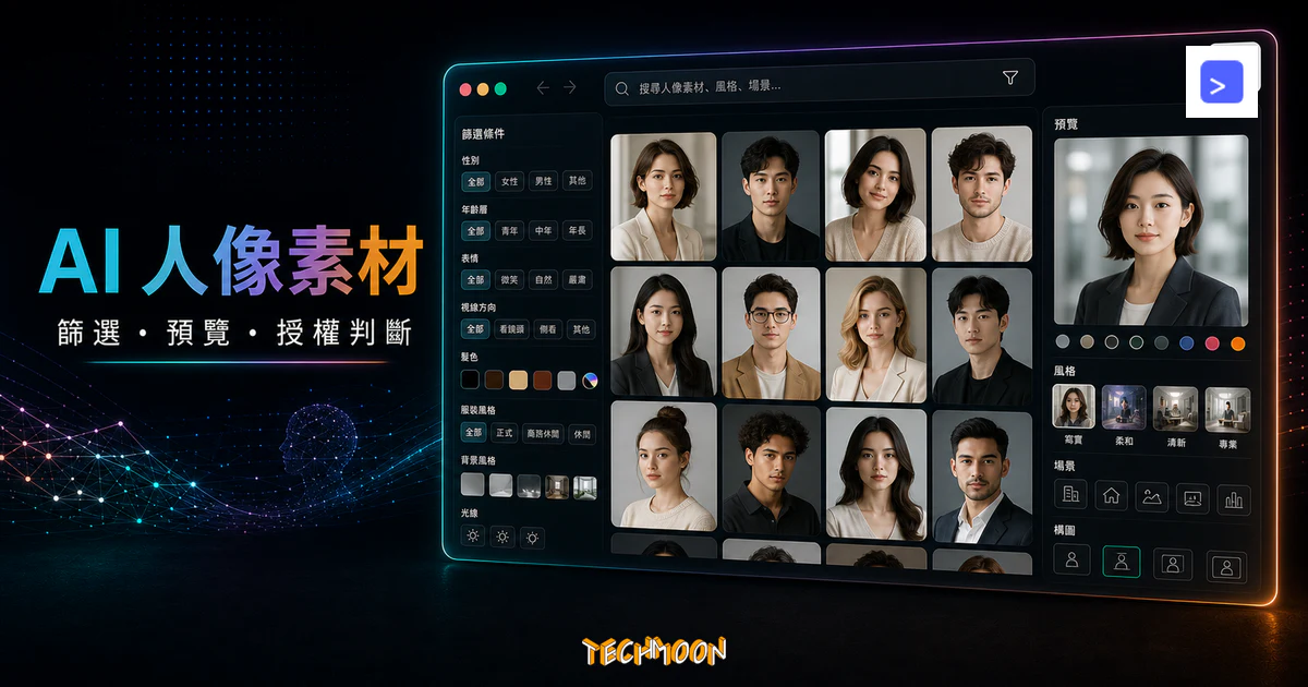 Generated Photos - 透過 AI 製作出獨特的人物照片，可免費下載與提供個人使用，還可付費進行商業使用的 TechMoon 精選圖片，呈現Generated Photos相關介面、重點標題與科技感背景。