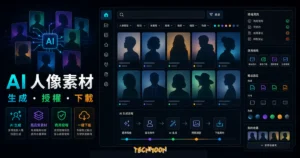 Generated Photos - 透過 AI 製作出獨特的人物照片，可免費下載與提供個人使用，還可付費進行商業使用的 TechMoon 精選圖片，呈現Generated Photos相關介面、重點標題與科技感背景。