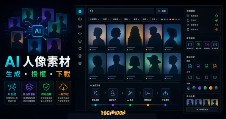 Generated Photos - 透過 AI 製作出獨特的人物照片,可免費下載與提供個人使用,還可付費進行商業使用 1 Generated Photos - 透過 AI 製作出獨特的人物照片,可免費下載與提供個人使用,還可付費進行商業使用的 TechMoon 精選圖片,呈現Generated Photos相關介面、重點標題與科技感背景。