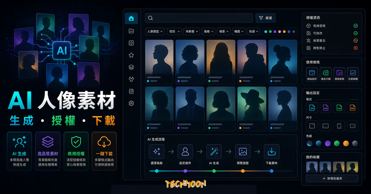 Generated Photos - 透過 AI 製作出獨特的人物照片，可免費下載與提供個人使用，還可付費進行商業使用的 TechMoon 精選圖片，呈現Generated Photos相關介面、重點標題與科技感背景。