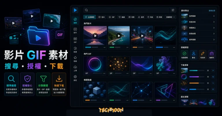 免費 GIF 動畫素材怎麼找?Gifing 授權與下載 6 Gifing - 線上免費無版權影片、Gifs 圖片素材,可下載與商業使用無須註明出處來源的 TechMoon 精選圖片,呈現Gifing相關介面、重點標題與科技感背景。