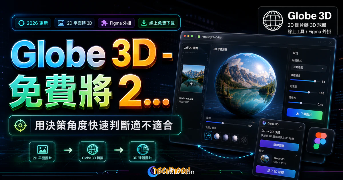 Globe 3D - 免費將 2D 平面圖片轉換成 3D 球體立體圖，提供 FIGMA 外掛與線上免費下載圖片的 TechMoon 精選圖片，呈現Globe相關介面、重點標題與科技感背景。