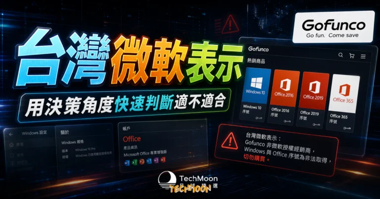 GoFunCo 非授權經銷商:正版 Office 自保指南 2 台灣微軟表示:Gofunco 非微軟授權經銷商,Windows 與 Office 序號為非法取得切勿購買的 TechMoon 精選圖片,呈現Gofunco相關介面、重點標題與科技感背景。