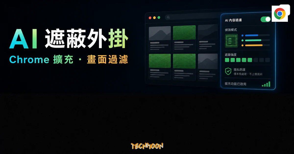 AI 遮蔽 Chrome 擴充外掛的 TechMoon 精選圖片，呈現瀏覽器內容過濾、偵測網格、遮蔽區塊、擴充功能開關與畫面過濾流程。