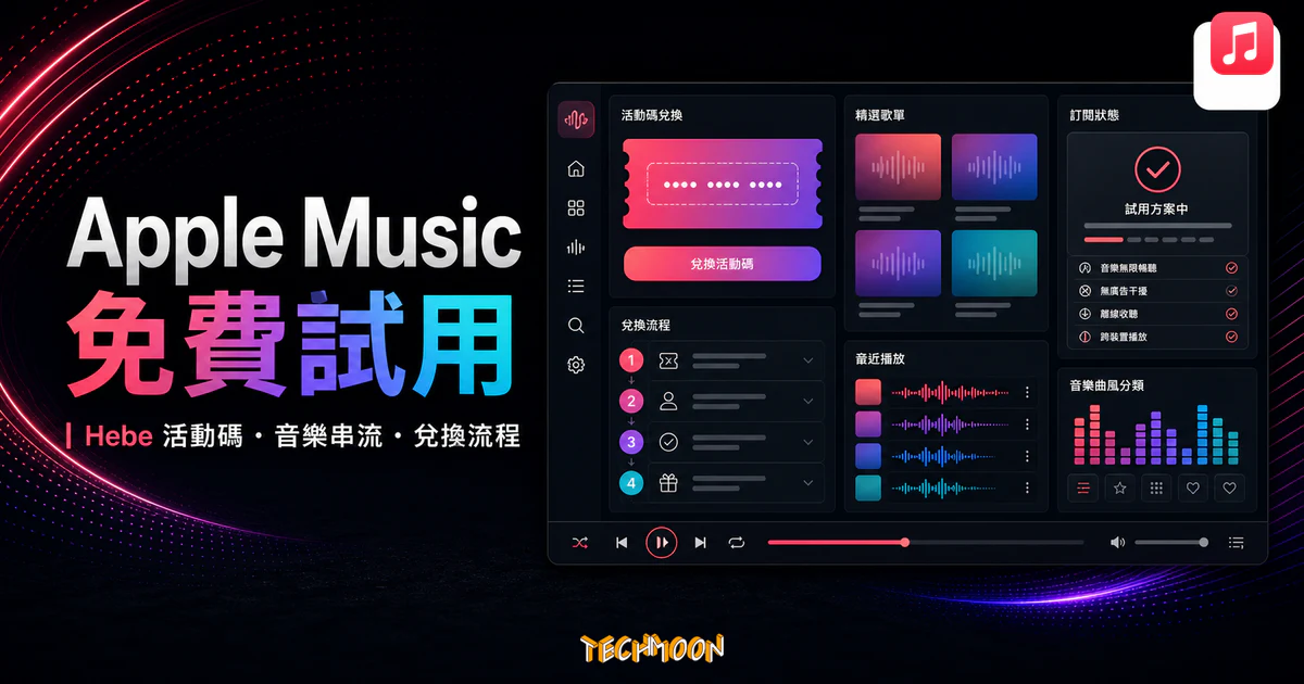 Apple Music 免費試用活動的 TechMoon 精選圖片，呈現活動碼兌換、音樂串流與訂閱流程介面。