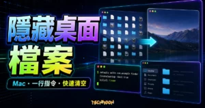 一行指令暫時隱藏 Mac 桌面檔案的 TechMoon 精選圖片，呈現桌面檔案清空、終端機指令與桌面整理情境。