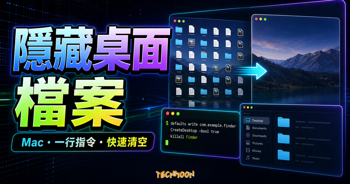 一行指令暫時隱藏 Mac 桌面檔案的 TechMoon 精選圖片，呈現桌面檔案清空、終端機指令與桌面整理情境。