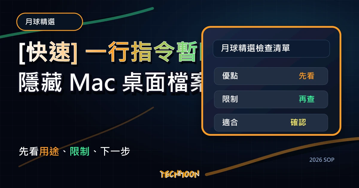 [快速] 一行指令暫時隱藏 Mac 桌面檔案 - 讓你凌亂的桌面不會被看見，TechMoon 2026 新版 SOP 精選圖片