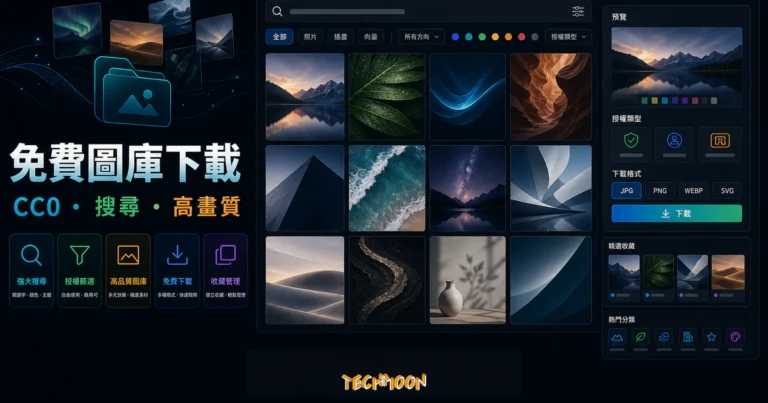 Hippopx 免費圖庫素材的 TechMoon 精選圖片，呈現圖片搜尋、圖庫格狀預覽、解析度選擇、下載選項與壓縮圖片提示。