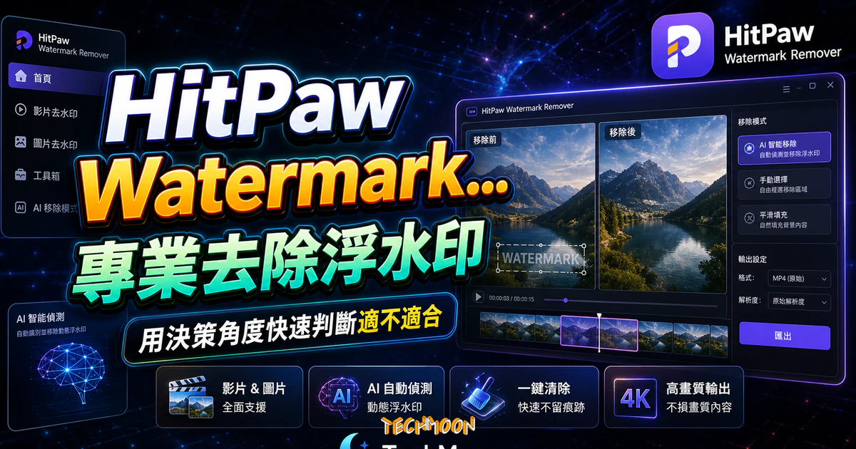 HitPaw Watermark Remover - 專業影片與圖片去除浮水印工具軟體，可透過 AI 自動抓取並清除動態浮水印的 TechMoon 精選圖片，呈現HitPaw Watermark相關介面、重點標題與科技感背景。