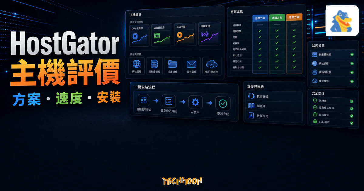 HostGator 虛擬主機評價的 TechMoon 精選圖片，呈現主機方案、速度、安裝流程與控制面板。