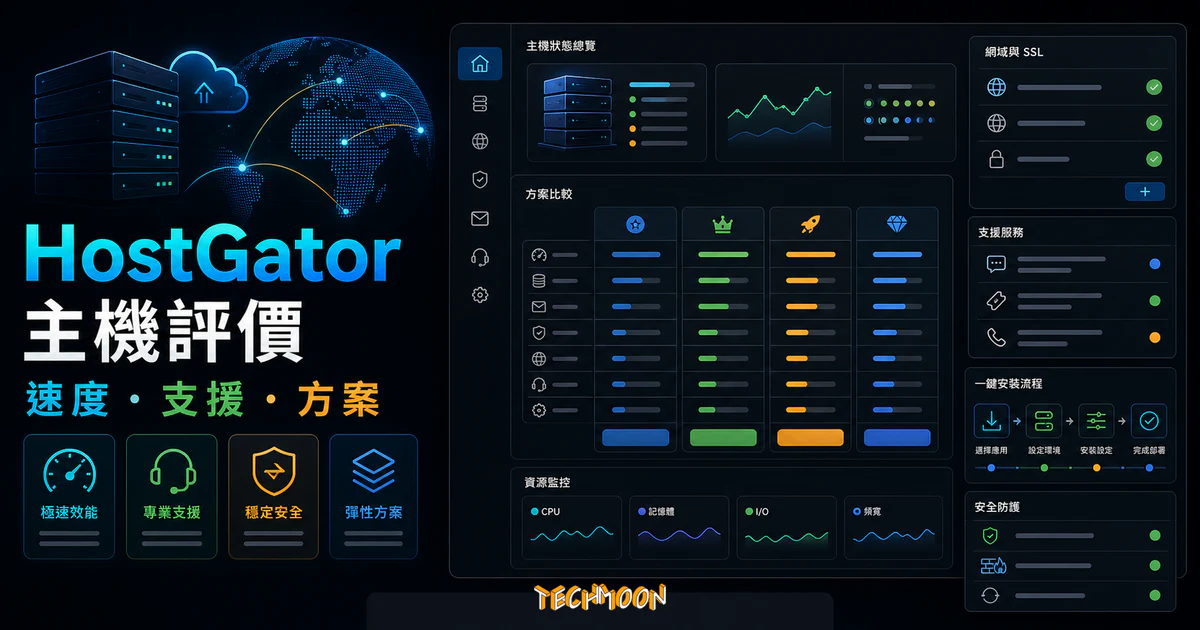 HostGator 虛擬主機評價的 TechMoon 精選圖片，呈現主機方案、速度、安裝流程與控制面板。