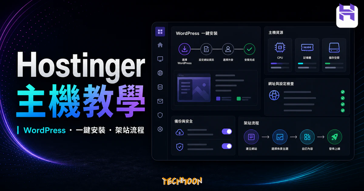 Hostinger WordPress 主機教學的 TechMoon 精選圖片，呈現一鍵安裝 WordPress、架站流程與主機控制面板概念。