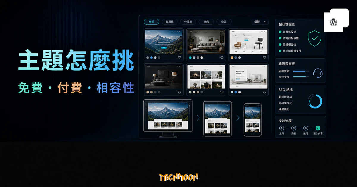 新手如何挑選 WordPress 主題?免費與付費主題的差異與建議 (2022 更新) 1 WordPress 主題挑選指南的 TechMoon 精選圖片,呈現免費與付費主題比較、響應式預覽、相容性檢查、更新支援與安裝流程。