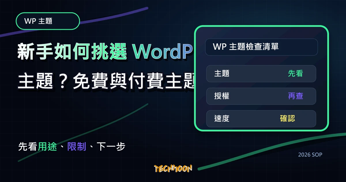 新手如何挑選 WordPress 主題？免費與付費主題的差異與建議 (2022 更新)，TechMoon 2026 新版 SOP 精選圖片