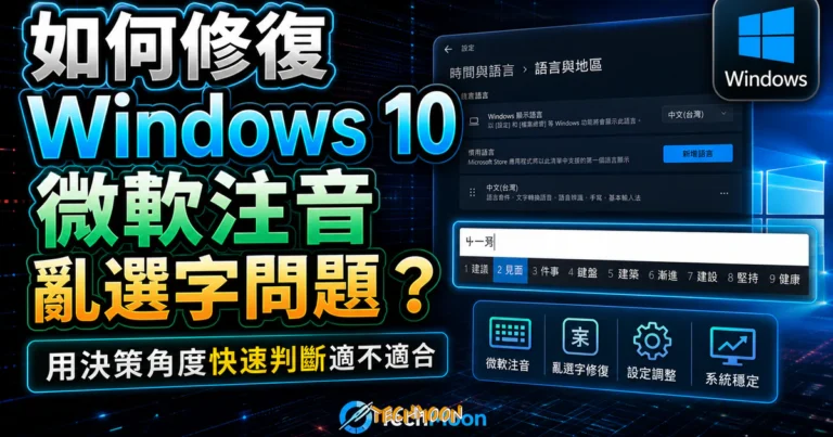如何修復 Windows 10 微軟注音亂選字問題？一個方法快速解決！的 TechMoon 精選圖片，呈現Windows相關介面、重點標題與科技感背景。