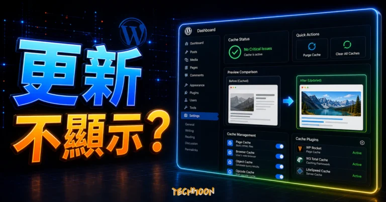 如何修復 WordPress 網站無法顯示更新後最新內容的問題？的 TechMoon 精選圖片，呈現更新不顯示？主題、相關介面與科技感背景。