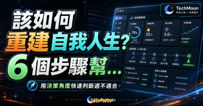 該如何重建自我人生？6 個步驟幫你一步步成為更好的人的 TechMoon 精選圖片，呈現article-specific tool or topic相關介面、重點標題與科技感背景。