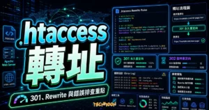 使用 .htaccess 實現 Redirect 301/302 重定向轉址規則的 TechMoon 精選圖片，呈現.htaccess 轉址、主題介面與重點資訊。