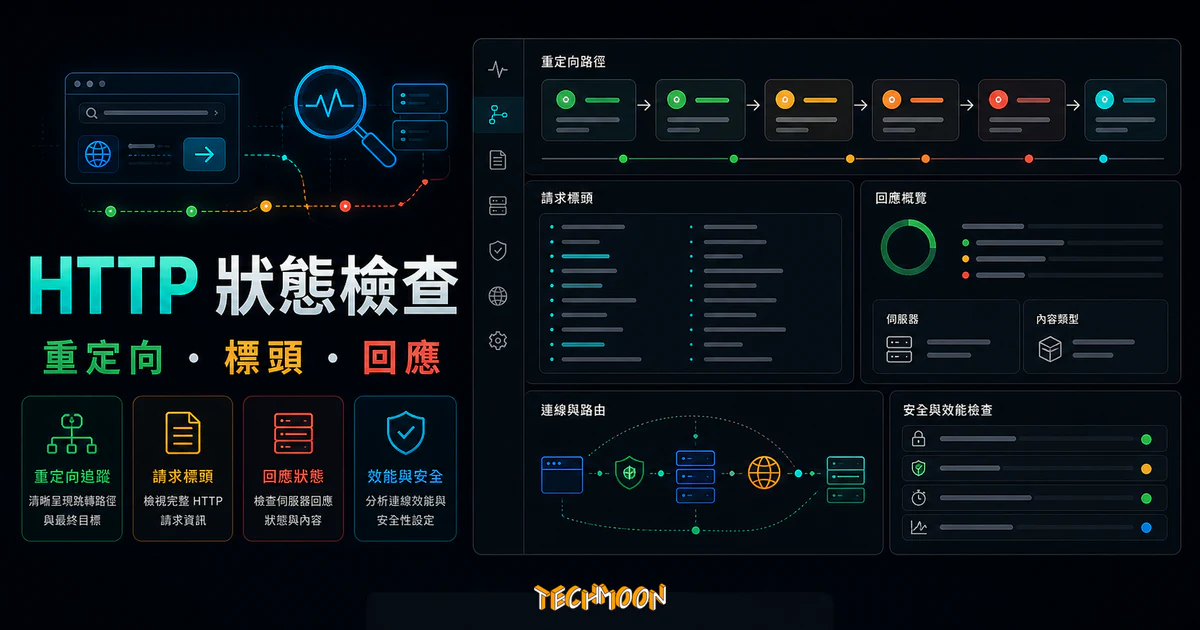 httpstatus - 檢查網址重定向路徑、請求標頭與 HTTP 狀態代碼的 TechMoon 精選圖片，呈現HTTP 狀態、重定向路徑與請求標頭檢查工具的重點介面與科技感背景。
