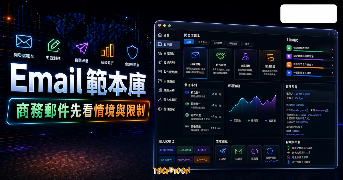 Hunter Templates - 免費 Email 最佳範本收集器，超過 150+ 完美的商業電子郵件範本可直接使用的 TechMoon 精選圖片，呈現Hunter Templates相關介面、重點標題與科技感背景。