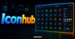 Iconhub - 免費自定義線上圖標 Icons，提供 6 種不同樣式與上千種 Icons 可做商業用途使用的 TechMoon 精選圖片，呈現Iconhub主題、相關介面與科技感背景。