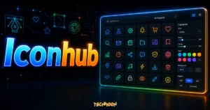 Iconhub - 免費自定義線上圖標 Icons，提供 6 種不同樣式與上千種 Icons 可做商業用途使用的 TechMoon 精選圖片，呈現Iconhub主題、相關介面與科技感背景。