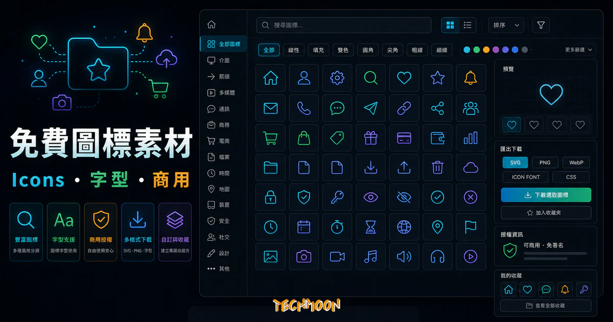 iconmonstr - 4496+ 可商用 CC0 大量圖標 Icons 免費下載，另提供 Iconic Font 字體線上使用的 TechMoon 精選圖片，呈現CC0相關介面、重點標題與科技感背景。