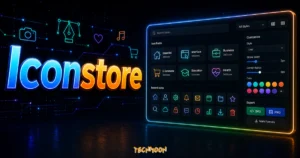 Iconstore - 高畫質免費 Icons 圖標庫，234+ 個圖標集合包，CC0 可免費作為商業用途的 TechMoon 精選圖片，呈現Iconstore主題、相關介面與科技感背景。