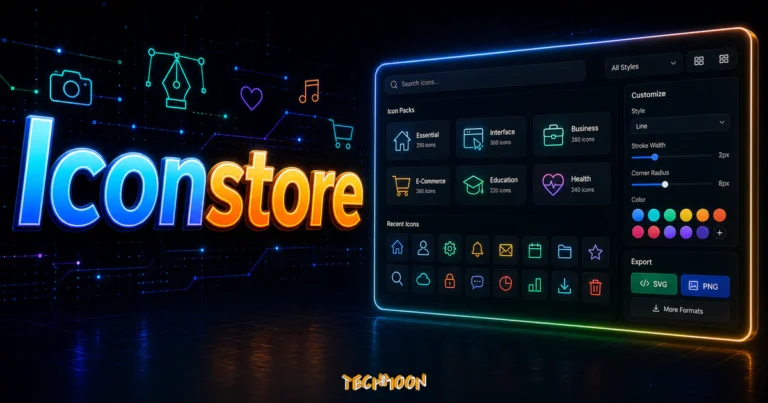 Iconstore - 高畫質免費 Icons 圖標庫，234+ 個圖標集合包，CC0 可免費作為商業用途的 TechMoon 精選圖片，呈現Iconstore主題、相關介面與科技感背景。