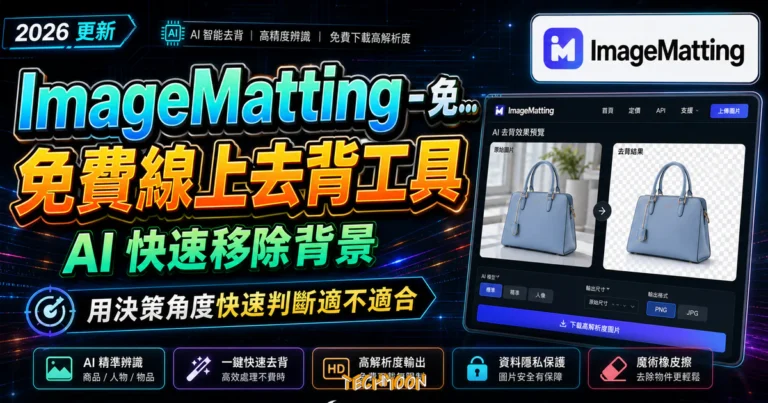 ImageMatting - 免費線上去背工具，透過 AI 將身品與人物照片背景快速移除，並可免費下載高解析度圖片的 TechMoon 精選圖片，呈現ImageMatting相關介面、重點標題與科技感背景。