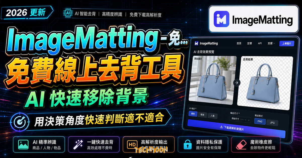 ImageMatting - 免費線上去背工具，透過 AI 將身品與人物照片背景快速移除，並可免費下載高解析度圖片的 TechMoon 精選圖片，呈現ImageMatting相關介面、重點標題與科技感背景。